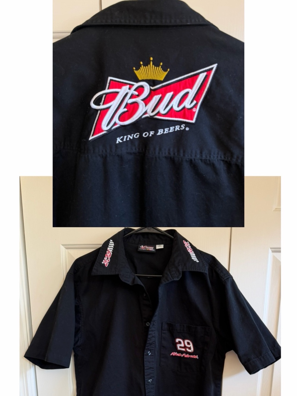 Chase Authentics Black Short-Sleeve Button-Down. #29 Kevin Harvick BUD BEER